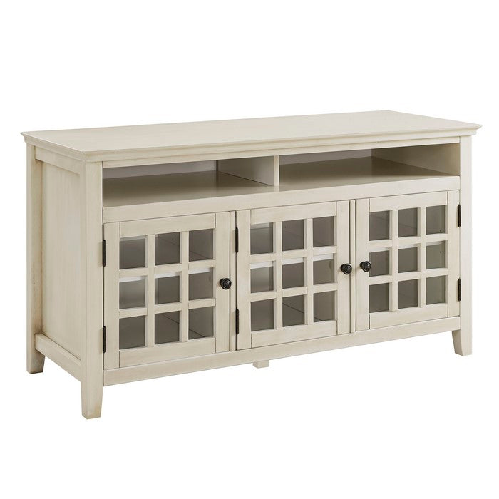 Three Door Wooden Media Cabinet with Two Open Shelves, White