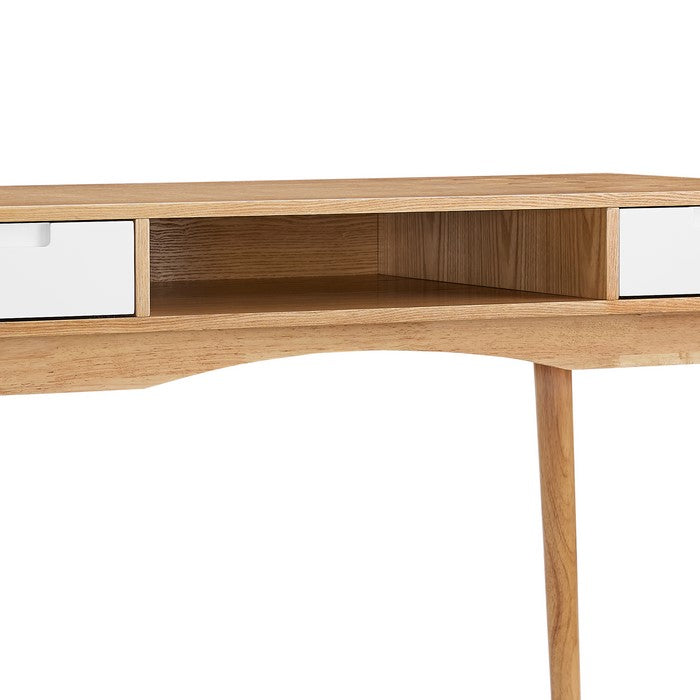 Wooden Desk with 2 Drawers and One Open Shelf, Brown and White