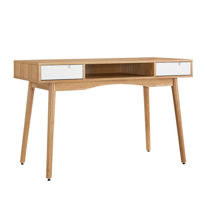 Wooden Desk with 2 Drawers and One Open Shelf, Brown and White