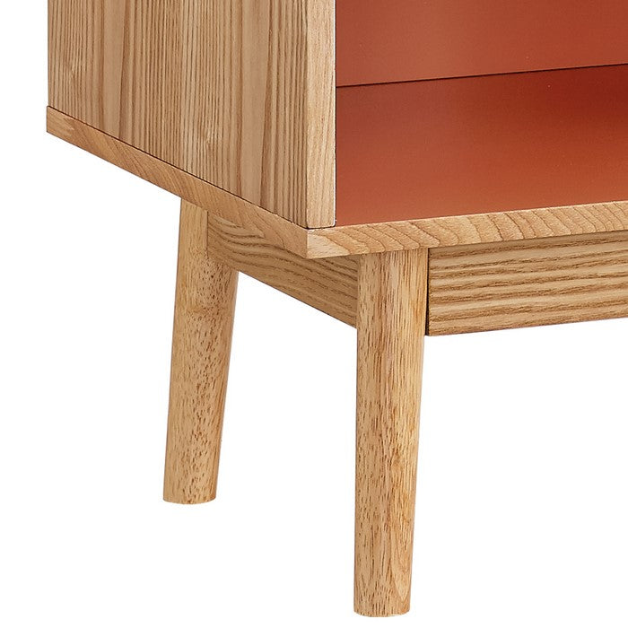Wooden End Table with One Drawer and One Open Shelf, Brown and Orange