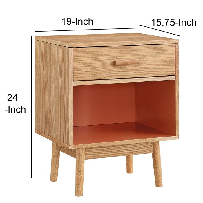 Wooden End Table with One Drawer and One Open Shelf, Brown and Orange