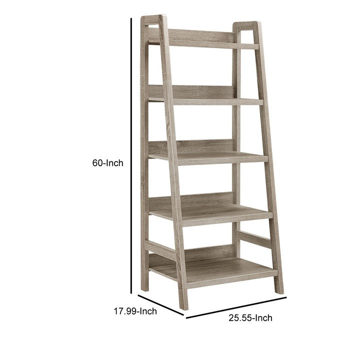 Transitional Style Wooden Ladder Bookcase with Five Shelves, Gray