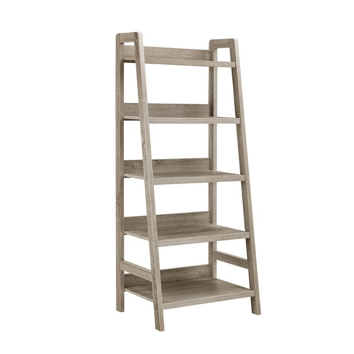 Transitional Style Wooden Ladder Bookcase with Five Shelves, Gray
