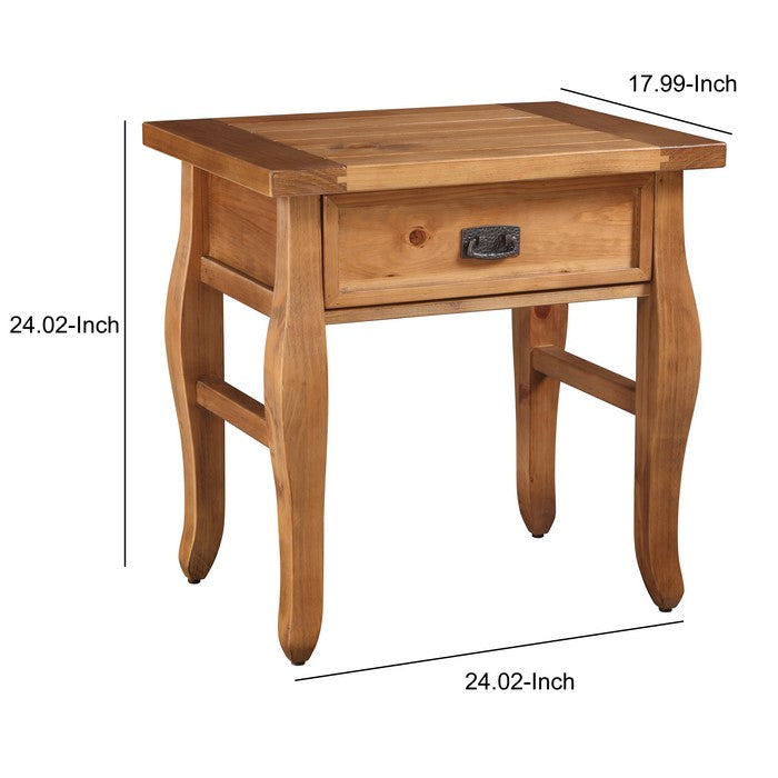 Wooden Rectangular End Table with One Drawer and Curved Legs, Brown