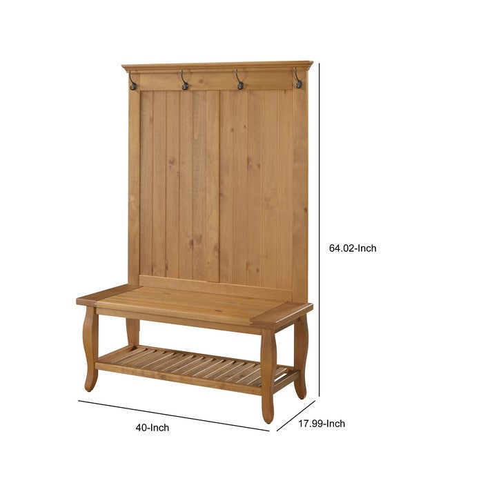 Spacious Wooden Hall Tree with Built In Bench and Curved Legs, Brown
