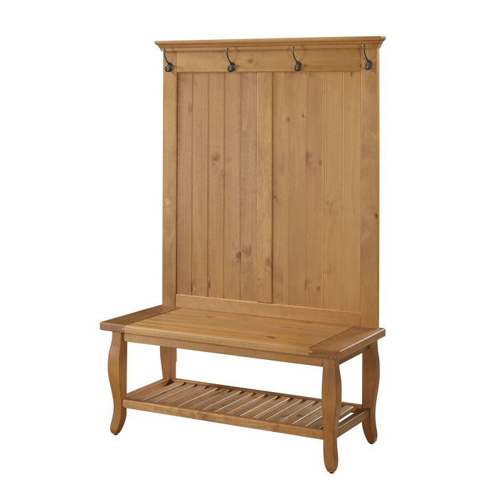 Spacious Wooden Hall Tree with Built In Bench and Curved Legs, Brown