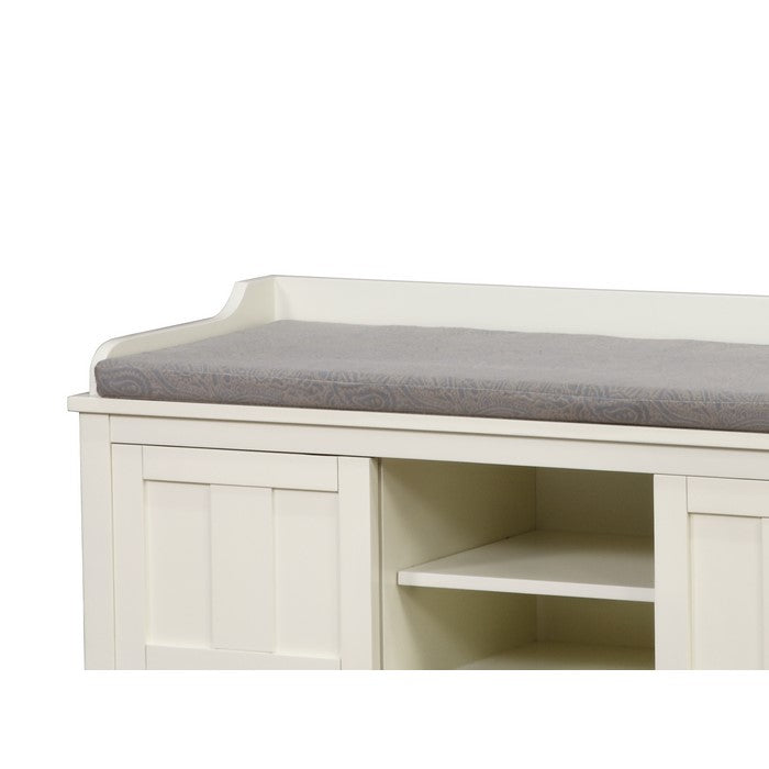 Wooden Storage Bench with Sliding Doors and Padded Seat,White and Gray