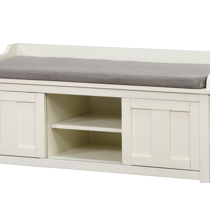 Wooden Storage Bench with Sliding Doors and Padded Seat,White and Gray