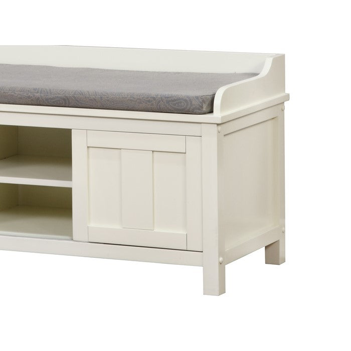 Wooden Storage Bench with Sliding Doors and Padded Seat,White and Gray