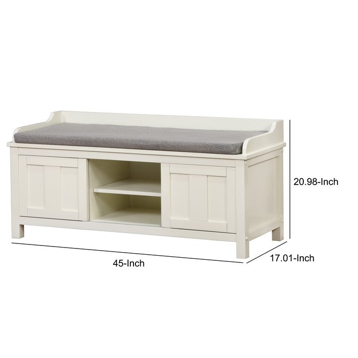 Wooden Storage Bench with Sliding Doors and Padded Seat,White and Gray