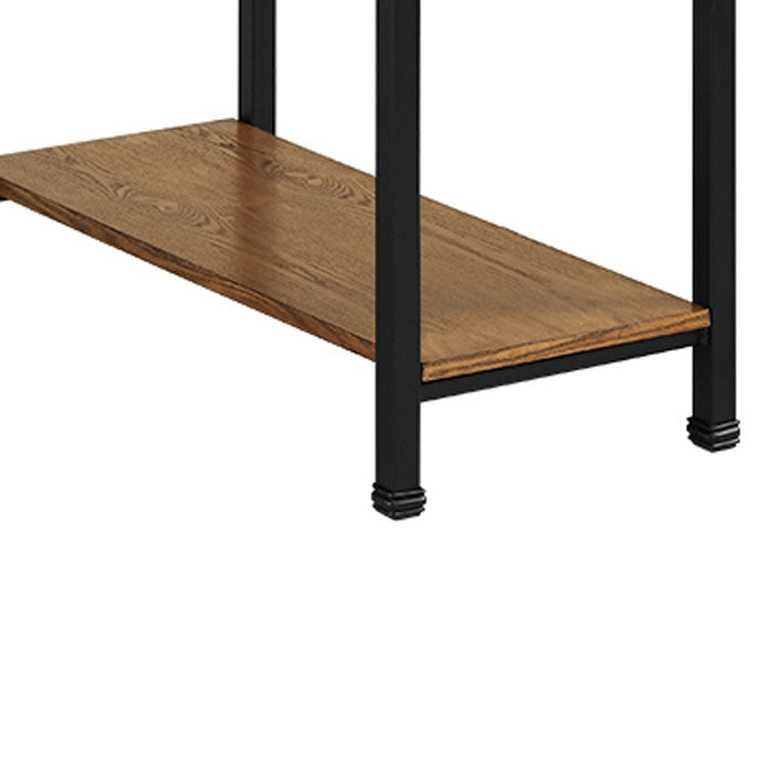 Wooden Desk with Two Open Shelves and Metal Legs, Brown and Black