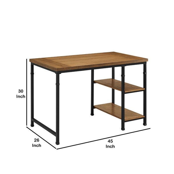 Wooden Desk with Two Open Shelves and Metal Legs, Brown and Black