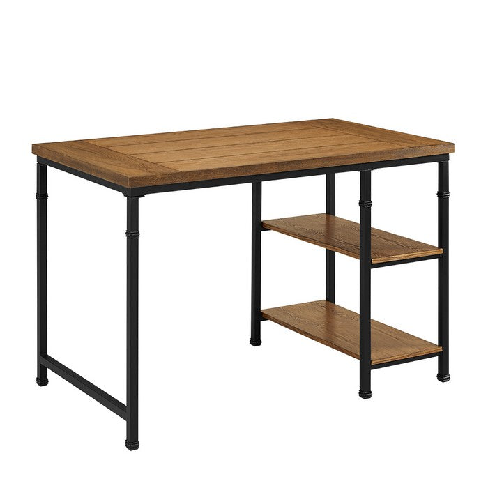 Wooden Desk with Two Open Shelves and Metal Legs, Brown and Black