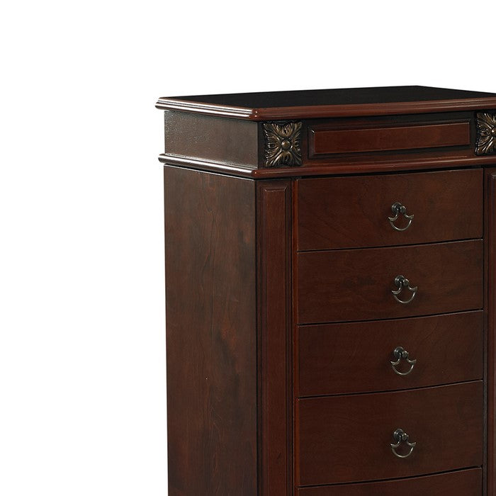 Wooden Jewelry Armoire with 5 Drawers and Flip Top Mirror, Brown
