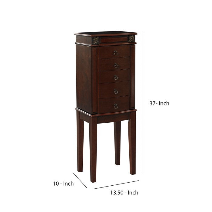 Wooden Jewelry Armoire with 5 Drawers and Flip Top Mirror, Brown