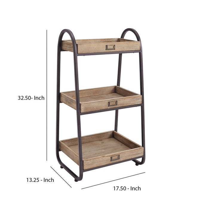 3 Tier Metal and Wood Bath Stand with Rectangular Shelves, Brown