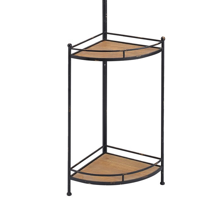 Industrial Style Corner Metal and Wood Coat Rack, Black and Brown