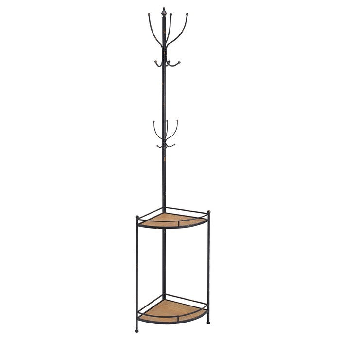 Industrial Style Corner Metal and Wood Coat Rack, Black and Brown