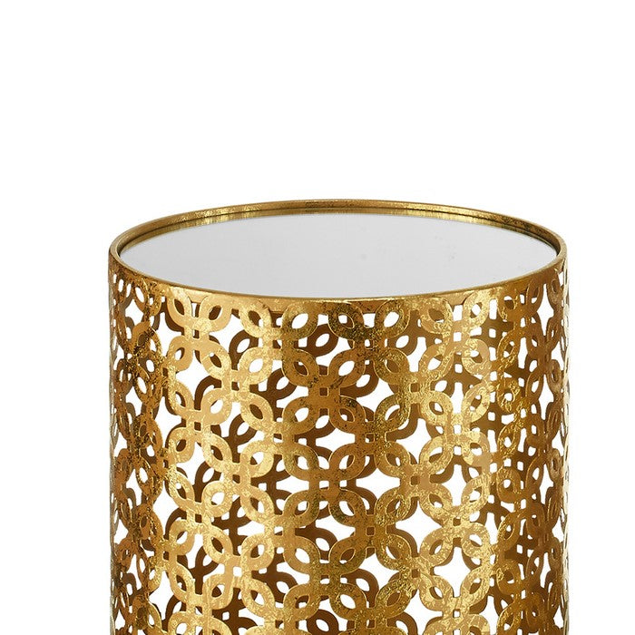 Pierced Metal Base Nesting Table with Mirror Top, Set of 2, Gold