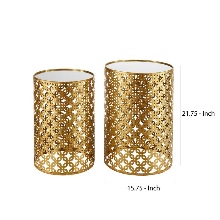 Pierced Metal Base Nesting Table with Mirror Top, Set of 2, Gold