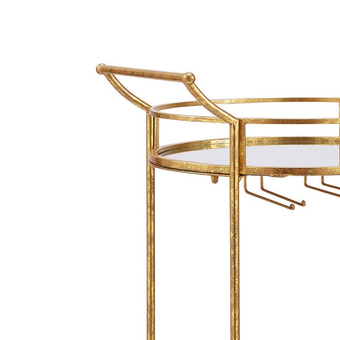 Transitional Style Round Metal Bar Cart with 2 Mirror Shelves, Gold