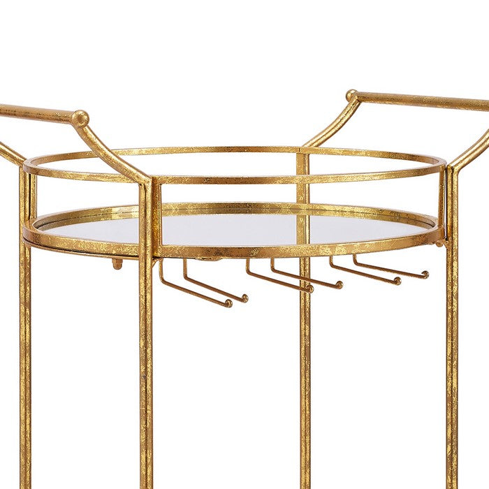 Transitional Style Round Metal Bar Cart with 2 Mirror Shelves, Gold