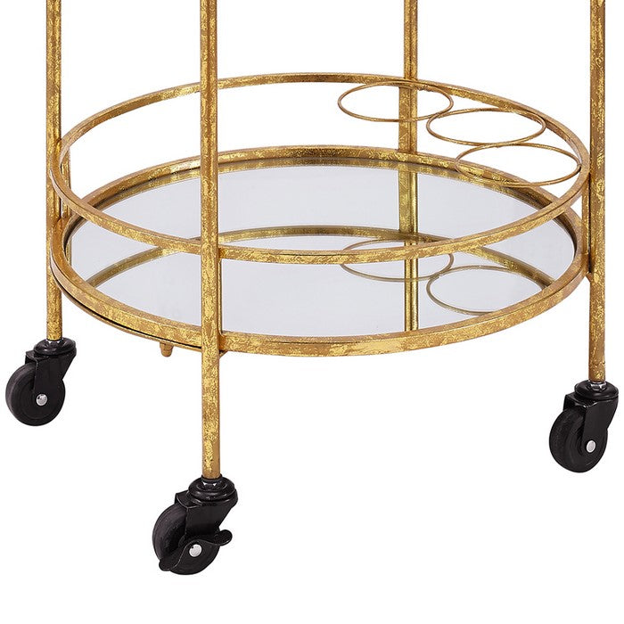 Transitional Style Round Metal Bar Cart with 2 Mirror Shelves, Gold