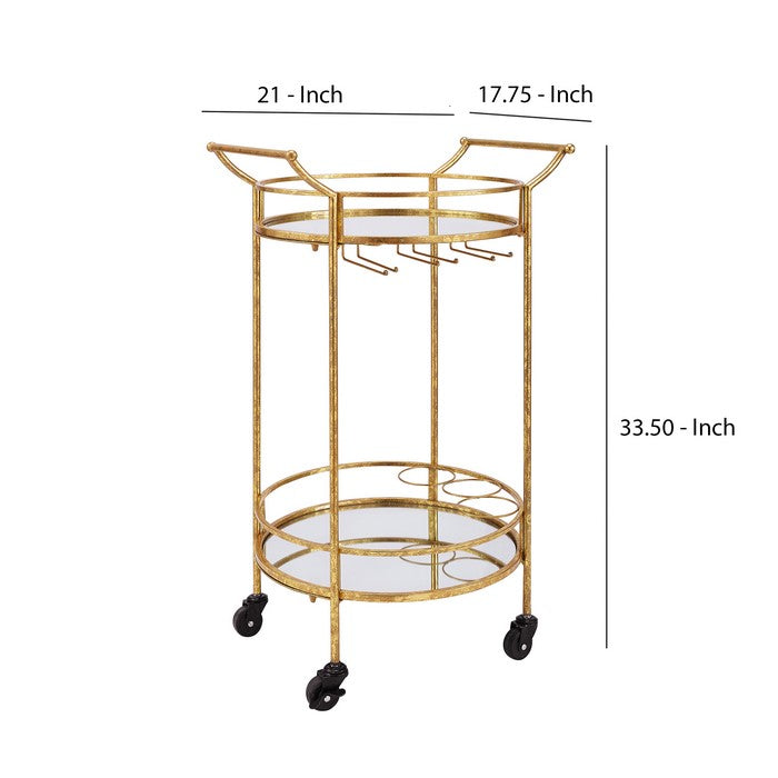 Transitional Style Round Metal Bar Cart with 2 Mirror Shelves, Gold