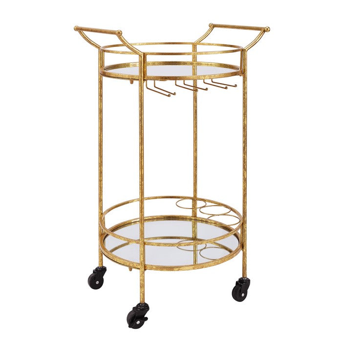 Transitional Style Round Metal Bar Cart with 2 Mirror Shelves, Gold