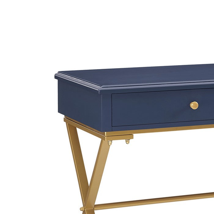 Wood and Metal Rectangular Campaign Desk with 2 Drawer, Blue and Gold