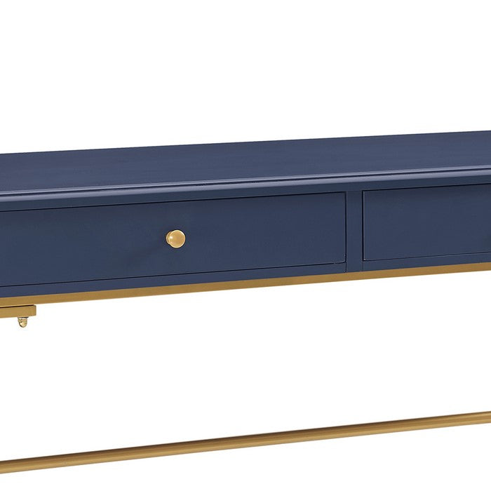 Wood and Metal Rectangular Campaign Desk with 2 Drawer, Blue and Gold
