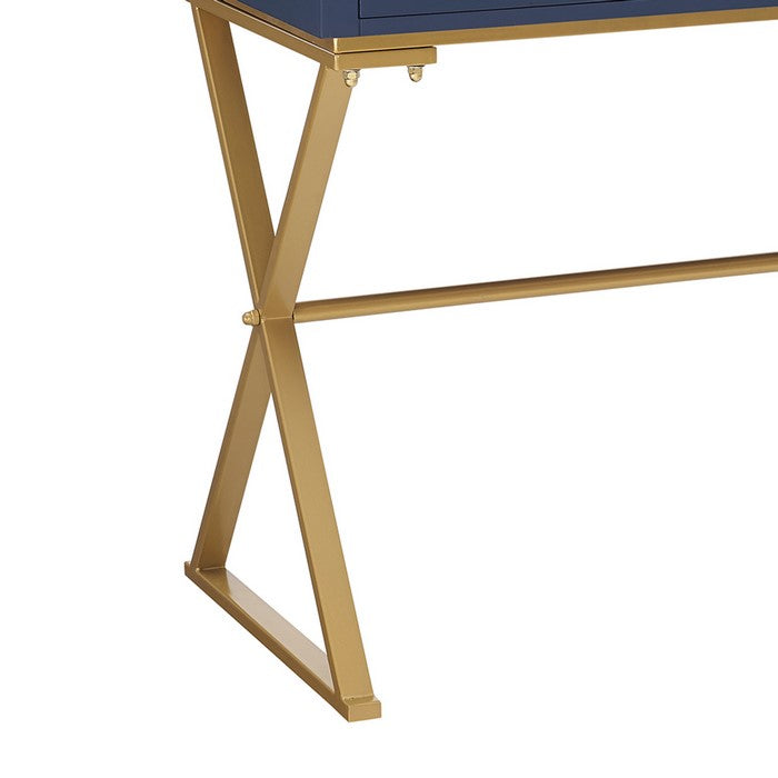 Wood and Metal Rectangular Campaign Desk with 2 Drawer, Blue and Gold
