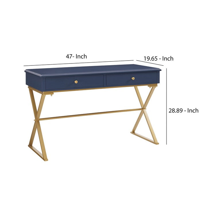 Wood and Metal Rectangular Campaign Desk with 2 Drawer, Blue and Gold