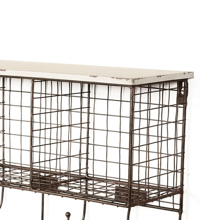 Distressed Wood and Metal Wall Shelf with 4 Cubbies, Brown and White