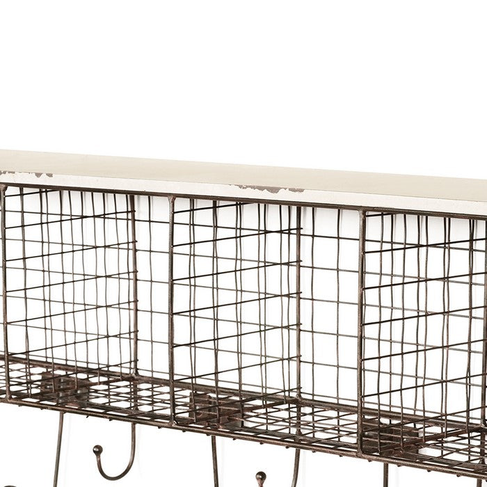 Distressed Wood and Metal Wall Shelf with 4 Cubbies, Brown and White