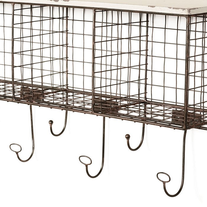Distressed Wood and Metal Wall Shelf with 4 Cubbies, Brown and White