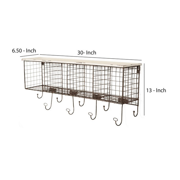 Distressed Wood and Metal Wall Shelf with 4 Cubbies, Brown and White