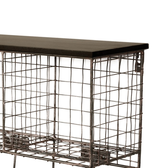Grid Metal and Wood Wall Shelf with 4 Cubbies 9 hooks, Black