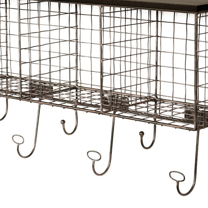 Grid Metal and Wood Wall Shelf with 4 Cubbies 9 hooks, Black