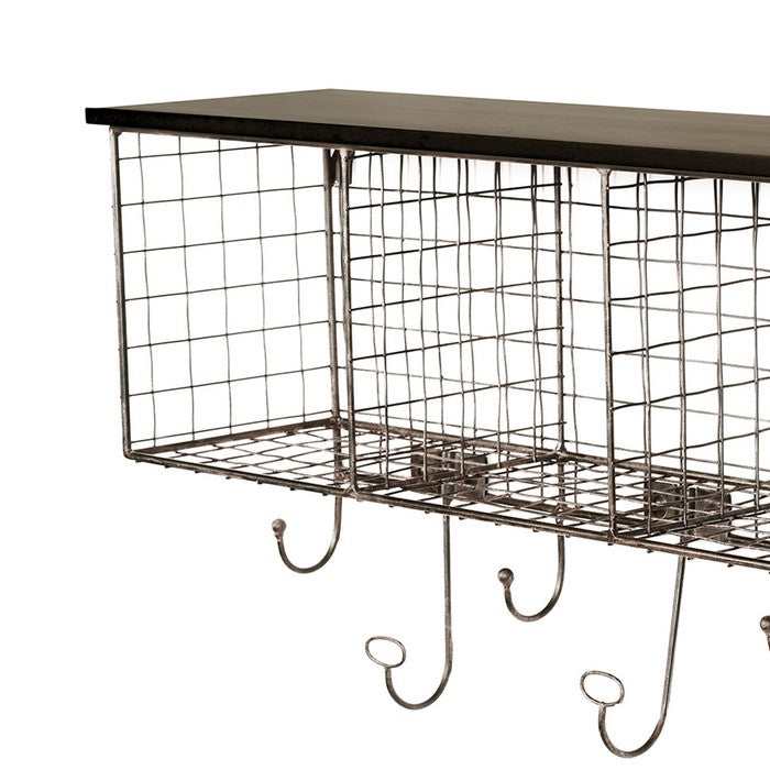 Grid Metal and Wood Wall Shelf with 4 Cubbies 9 hooks, Black