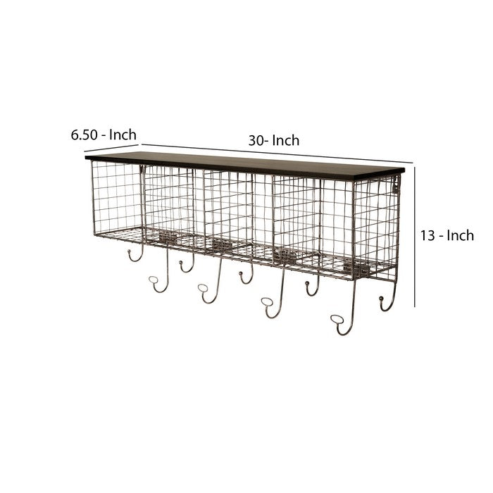 Grid Metal and Wood Wall Shelf with 4 Cubbies 9 hooks, Black