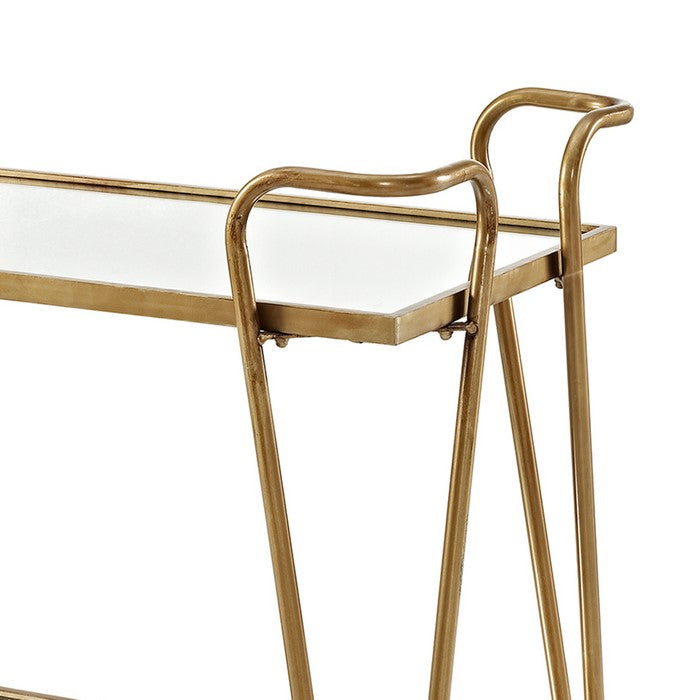 2 Tier Mirror and Metal Bar Cart with Hairpin Legs, Gold and Clear