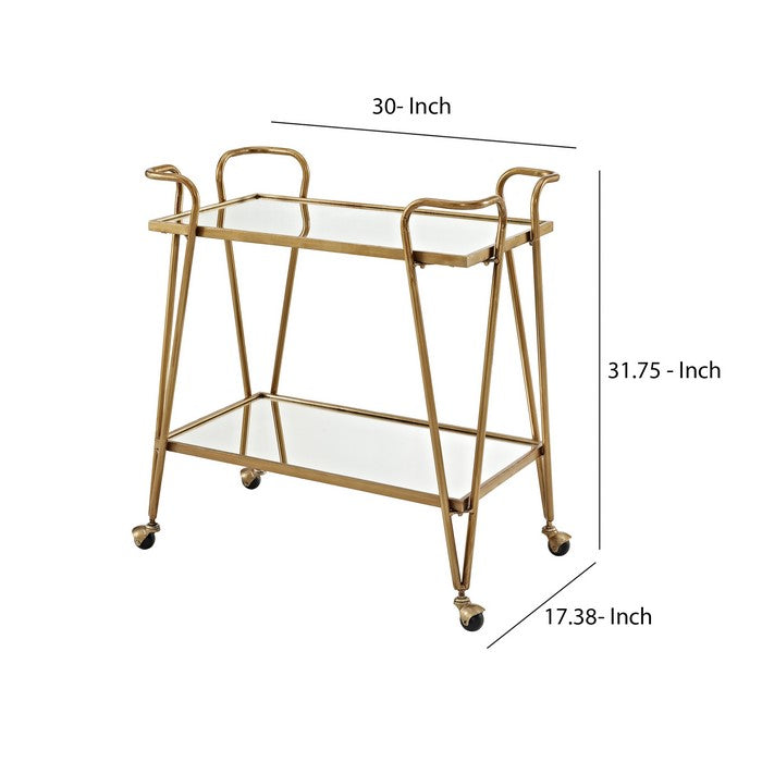 2 Tier Mirror and Metal Bar Cart with Hairpin Legs, Gold and Clear