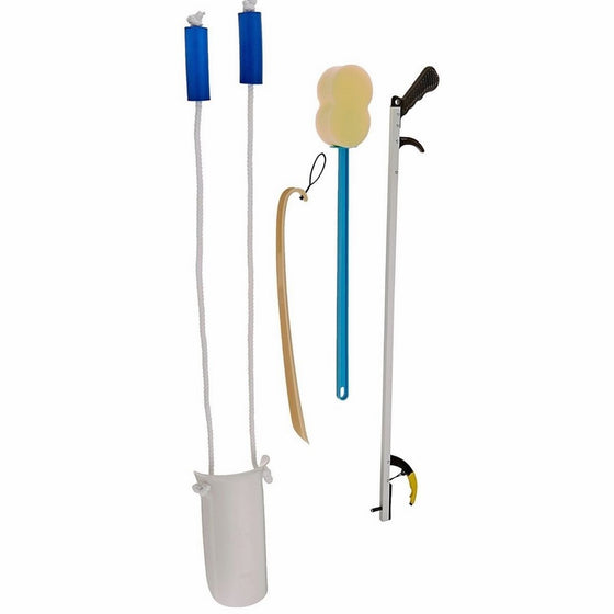 Sammons Preston Complete Hip & Knee Equipment Kit with Four Daily Living Tools, Care Kit for Hip or Knee Surgery or Fall Recovery, Includes 26" Reacher, Sock & Dressing Aid, Shoehorn, Bathing Sponge