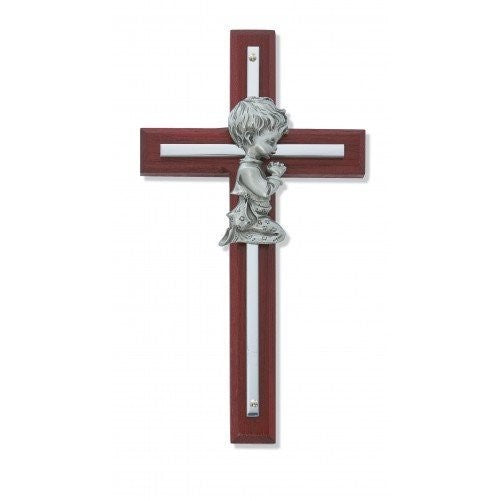 Silver Boy Wall Cross Cherry Stained Wood 6 in Nursery Decor Baby