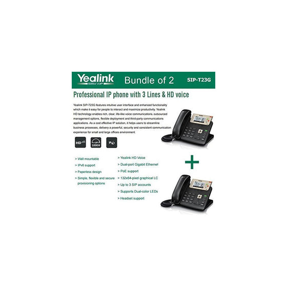 Yealink SIP-T23G, 3 Lines HD Professional VoIP Phone, 3SIP Accts, 3way conf., dual port Gigabit, PoE, BUNDLE of 2