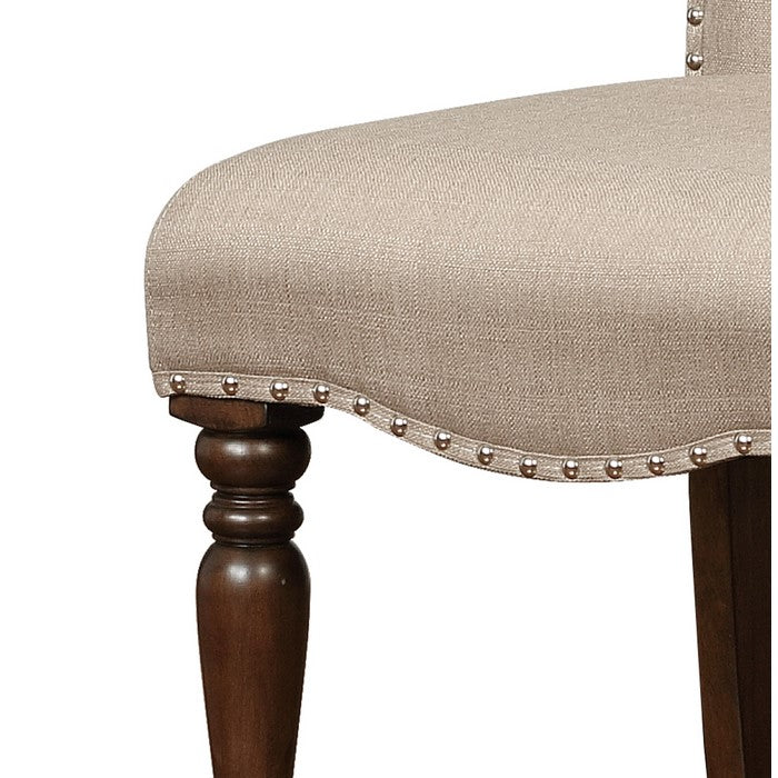 Wooden Counter Stool with Nailhead Trim Accents, Beige and Brown
