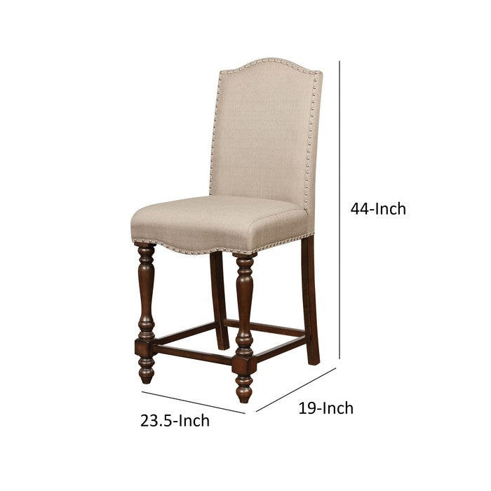 Wooden Counter Stool with Nailhead Trim Accents, Beige and Brown