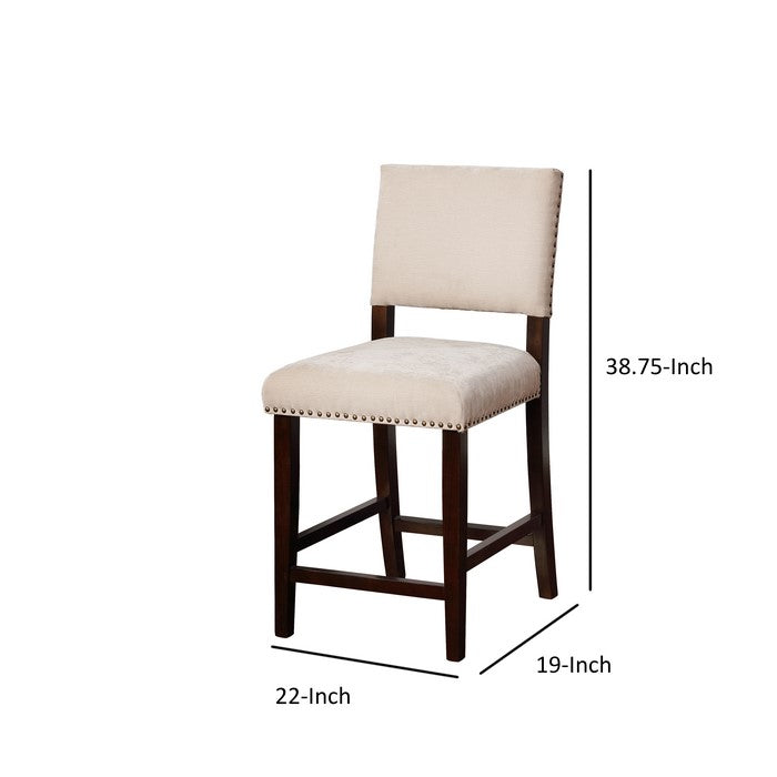 Transitional Wooden Counter Stool with Nailhead Trims, Beige and Brown