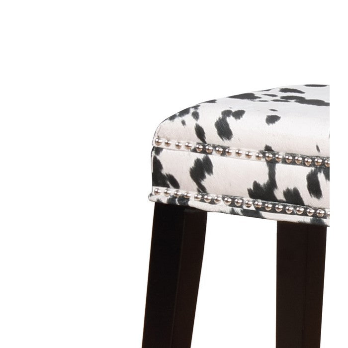 Traditional Style Wooden Counter Stool with Cow Print, Black and White